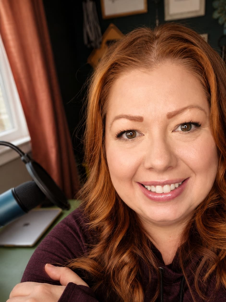 Racheal Blackmore smiling at her desk, her blue microphone beside her.
