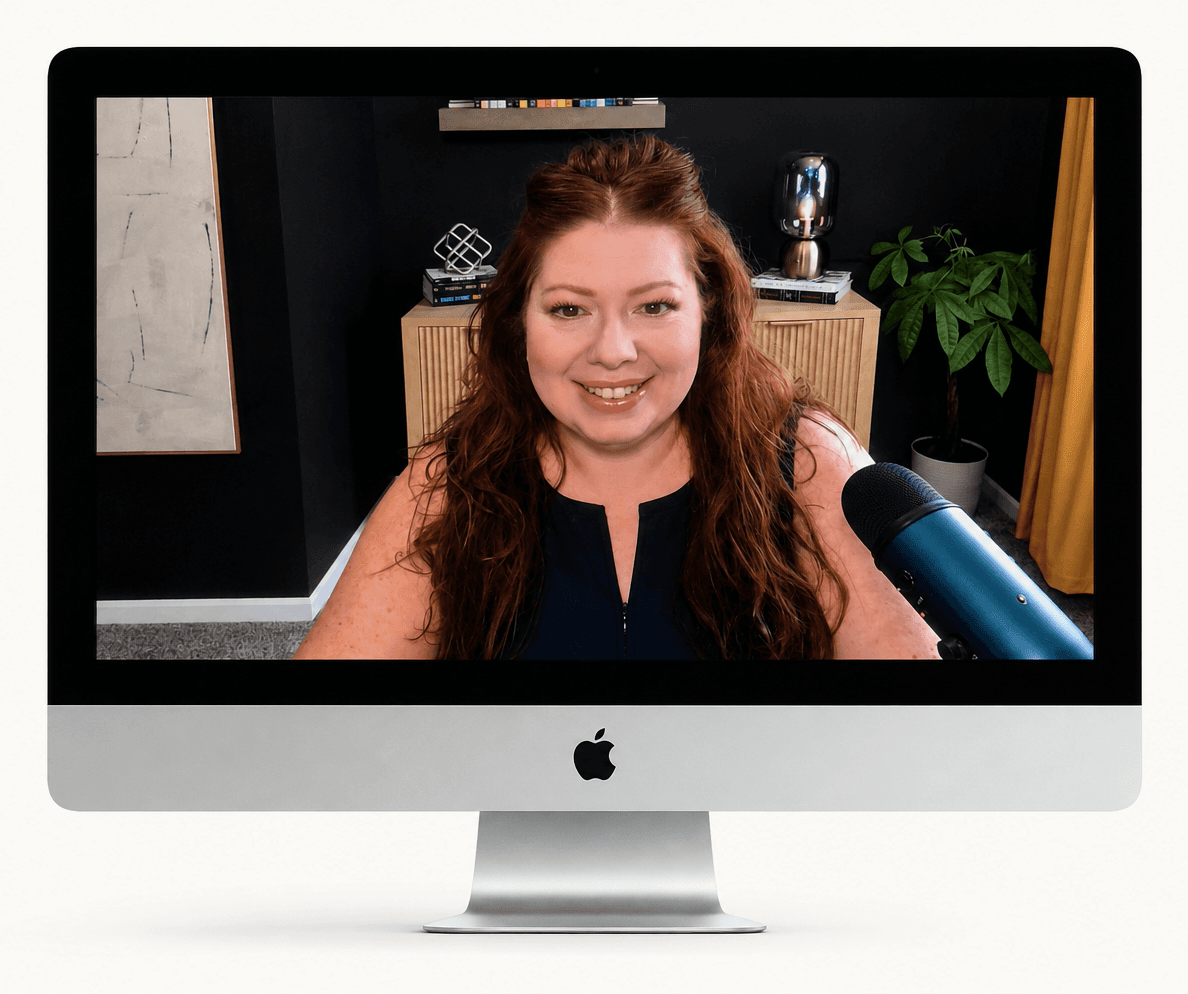 Racheal Blackmore on camera in her home studio, shown on an iMac display.